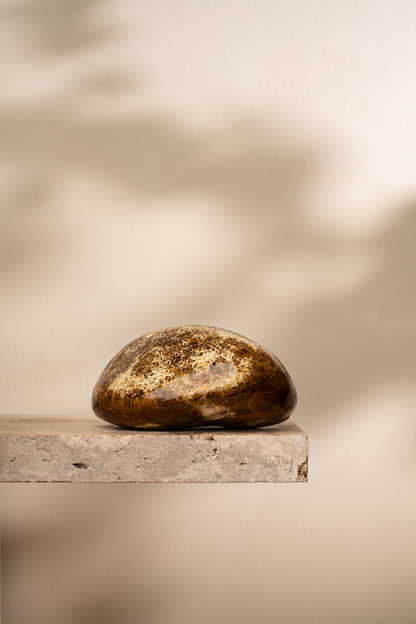 A polished Brown Agate freeform with deep brown and amber tones, featuring smooth, flowing lines and unique banding patterns.
